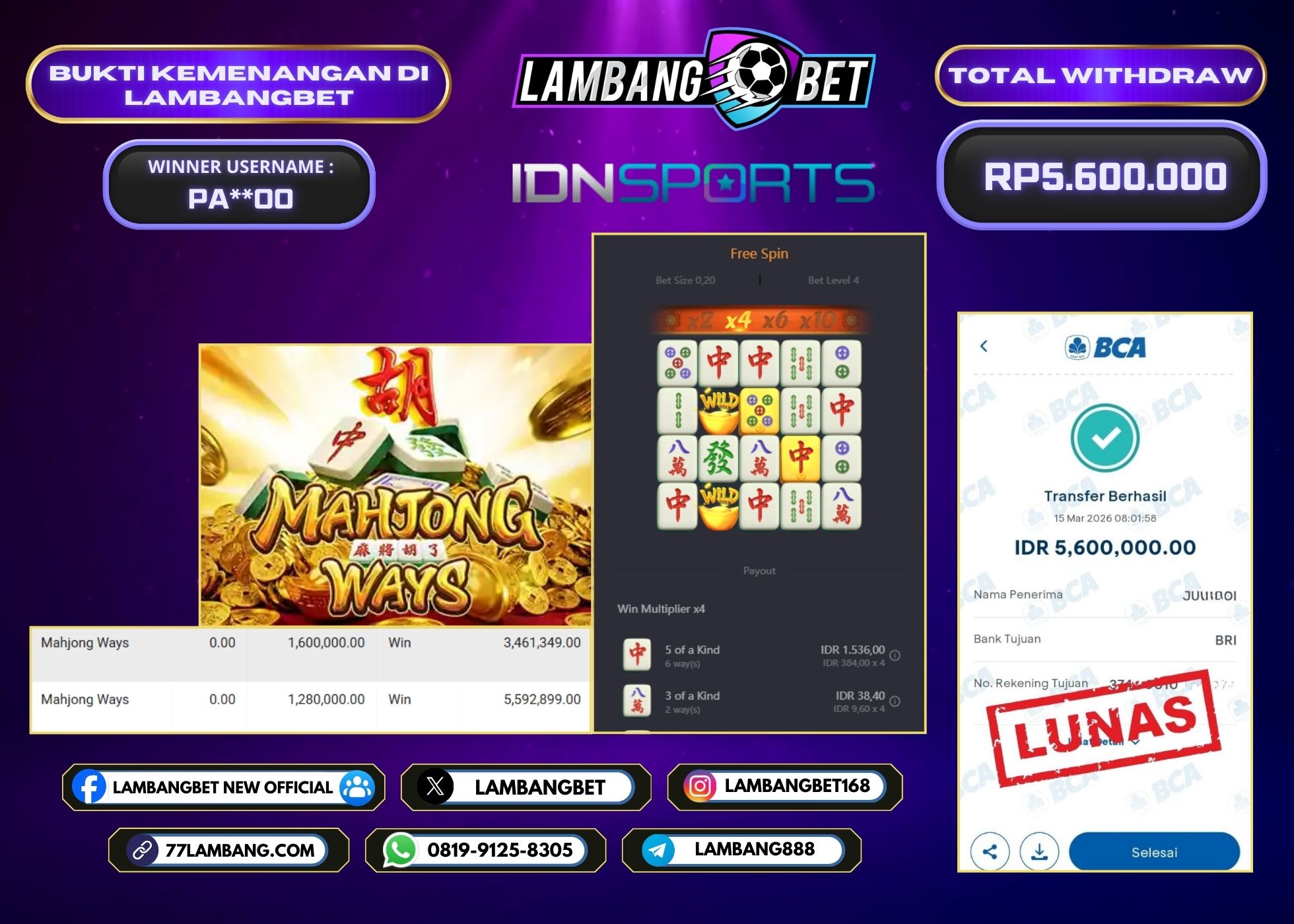 LAMBANGBET [15 MARET 2026] JACKPOT SLOT Mahjong Ways "Rp5.600.000" LUNAS
